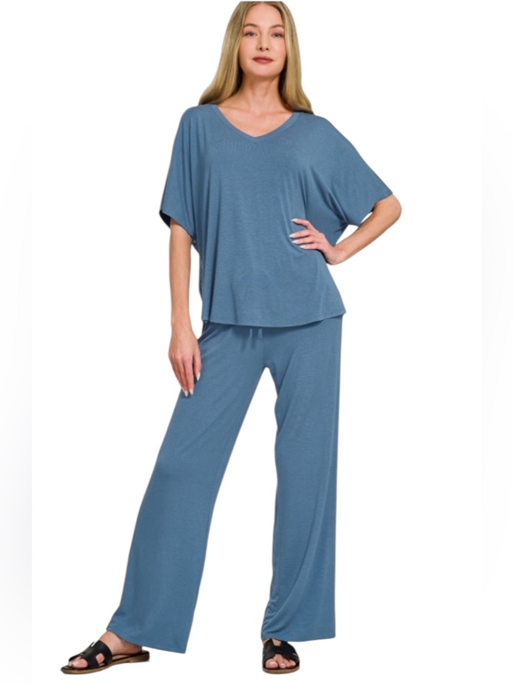 Zenana Dusty Blue V Neck Top and Pant Set